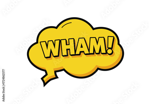 Comic book style speech bubble with the word WHAM in bold letters yellow color black outline.
