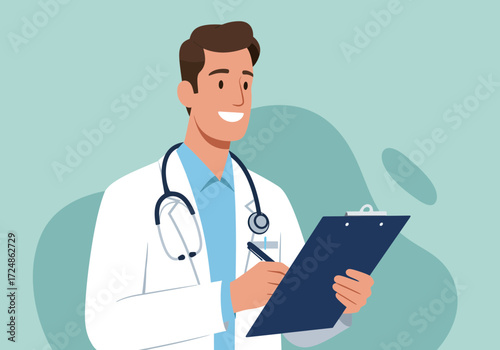 Smiling doctor writing on a clipboard medical professional concept.