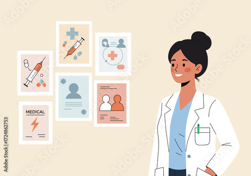 Smiling female doctor in white coat with medical posters on the wall.