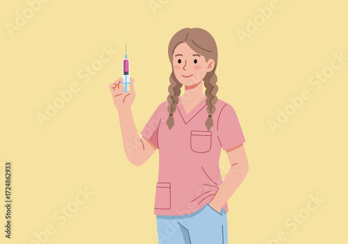 Nurse holding a syringe ready to give an injection in a medical setting.