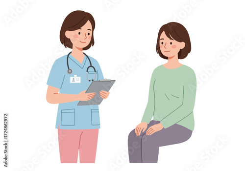 Nurse and patient consultation in a medical setting for health checkup.