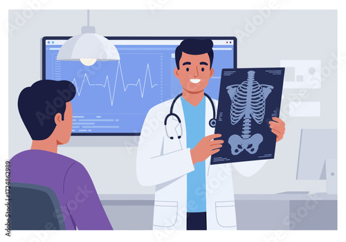 Doctor showing X-ray to patient in a medical consultation.