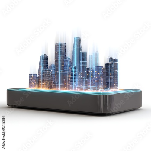 Futuristic cityscape glowing with neon lines on a dark reflective platform, digital innovation concept isolated on white background