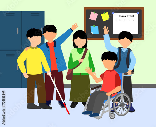 Children in classroom. Inclusive education. Inclusive school. A group of students from various backgrounds taking care of their disabled friend. Student who uses a wheelchair