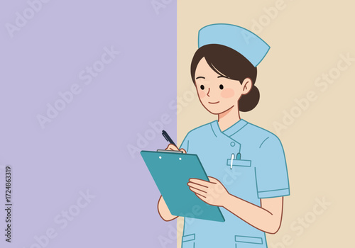 Nurse writing on a clipboard healthcare professional medical worker hospital staff patient care medical record.