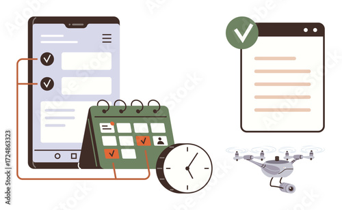 Mobile device with checklist, calendar, clock, and a confirmed task sheet. Drone signifies modern solutions. Ideal for productivity, planning, technology, efficiency automation progress time