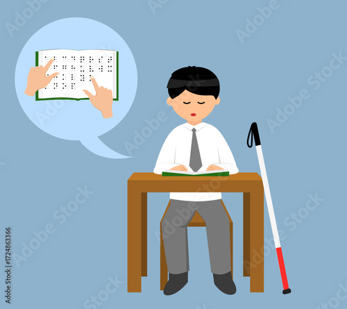 Male student with visual impairment practicing reading in Braille