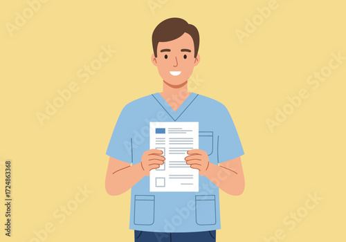 Smiling healthcare professional holding a document ready to assist patients with their needs.