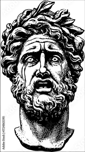 Classical statue of a male bust with detailed expression. Black and white line art vector illustration emphasizes historical craftsmanship.