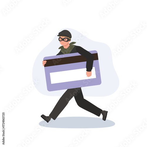 thief carrying large credit card concept illustration representing payment fraud cyber attack online scam and financial security danger