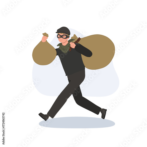 cartoon thief carrying stolen money bags running criminal character design for robbery crime illustration