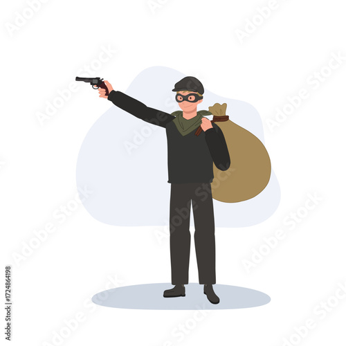 armed robbery bandit masked criminal holding pistol and sack of money