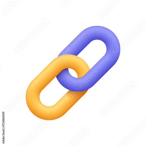 Yellow and purple chain link. Connection, partnership, hyperlink and unity concept. 3d vector icon. Cartoon minimal style.