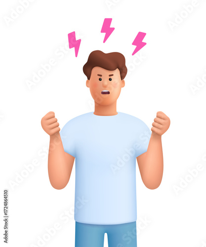 Angry furious man James screaming and clench fists struggle. Aggression, stress, hate, nervous breakdown, rage concept. 3d vector people character. Cartoon minimal style.