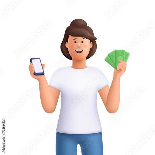 Young smiling woman Jane holding cash banknotes and smartphone. Payment, banking, shopping, financial success, money transfer concept. 3d vector people character. Cartoon minimal style.