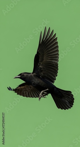 A sleek black bird soars effortlessly against a vibrant lime green background.