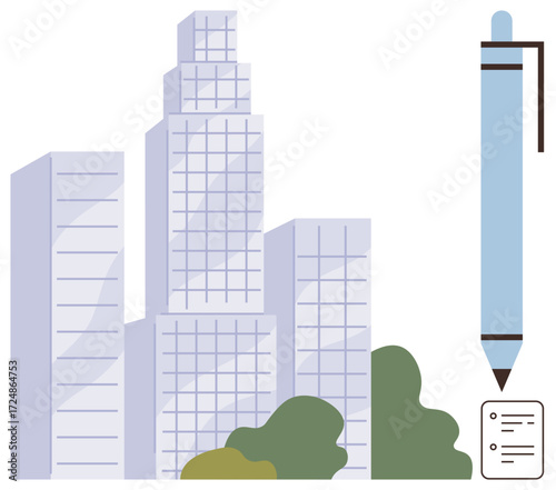 Skyscrapers surrounded by greenery, large pen and paper document. Ideal for business, corporate strategy, real estate, urban planning, productivity, agreements, creativity simple flat metaphor