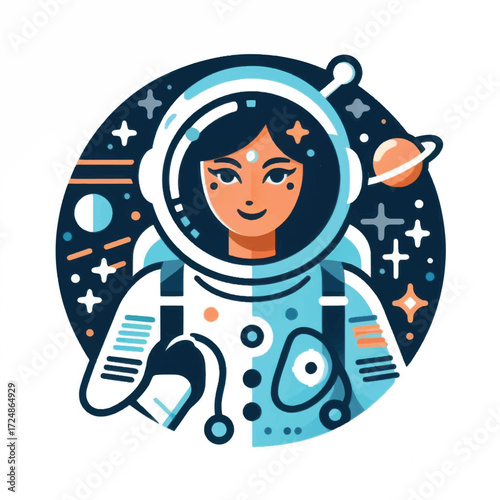 Female astronaut in a modern space suit illustration ready for cosmic exploration.