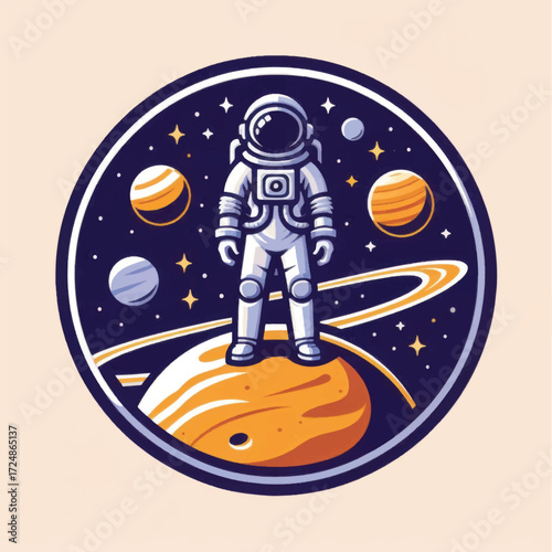 Astronaut standing on a planet in outer space surrounded by stars and planets.