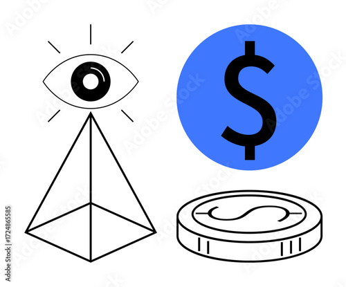Geometric pyramid with an eye, large blue dollar sign, and coin. Ideal for finance, vision, success, investment, economy wealth and minimalism concepts. A simple flat metaphor