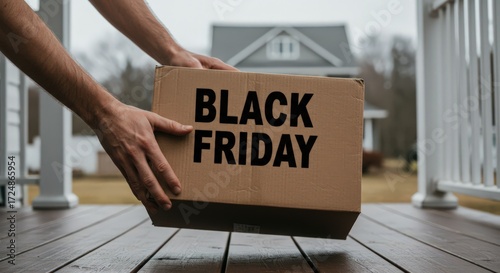 Person holding package with Black Friday label on wooden porch