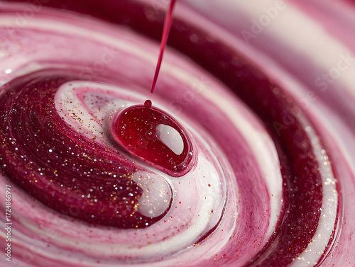 Swirling Crimson: A mesmerizing swirl of vibrant crimson liquid cascading into an artistic blend of colors, creating an abstract dance of textures.