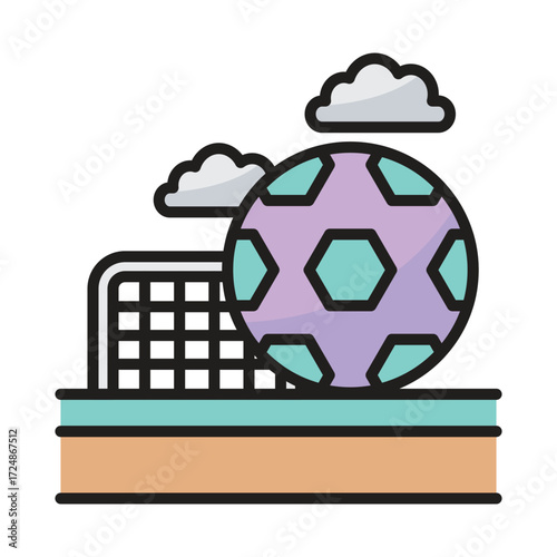 Soccer field with goal ball and clouds