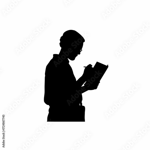 Silhouette of lab worker preparing logbook for collected samples isolated on white background