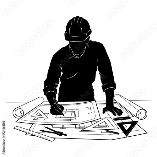 Architectural Industrial Designer with Blueprints Black Vector Silhouette of Design Process