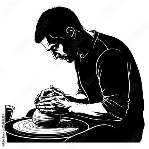Male Potter Shaping Clay on a Wheel Artisanal Black Vector Silhouette Artistic Creation