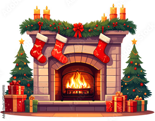 Festive stone fireplace holds a crackling fire decorated with stockings, garland, and burning candles for Christmas Eve.