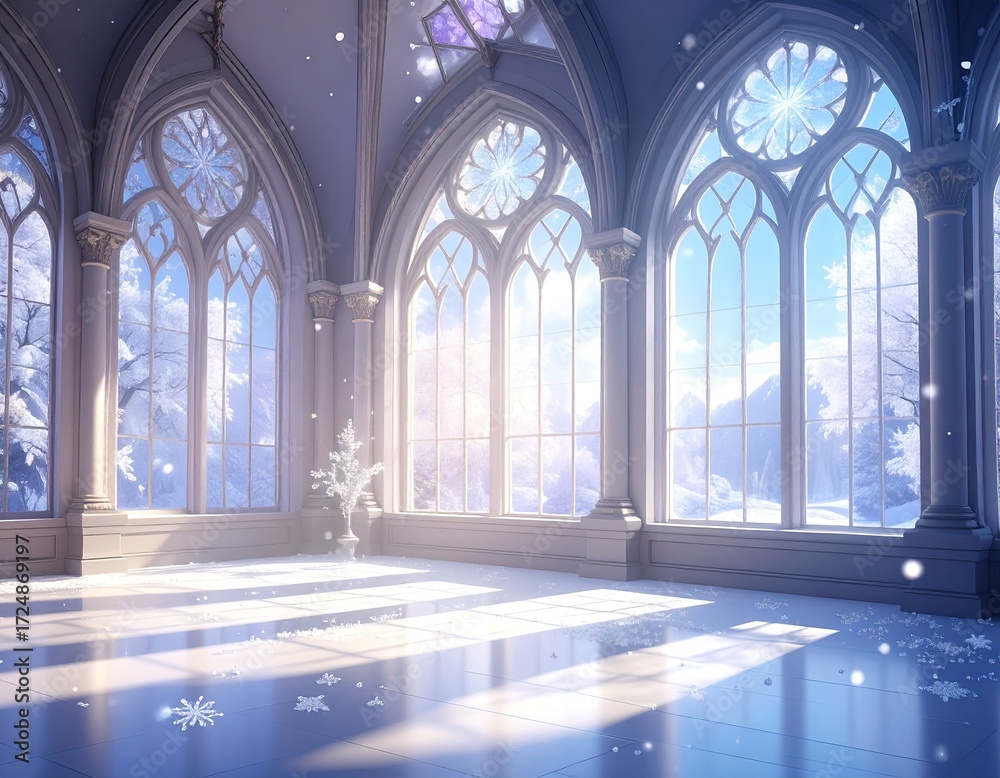Fototapeta premium Sunlit Gothic hall with expansive windows showcasing a snowy, mountainous winter landscape; snowflakes drift within