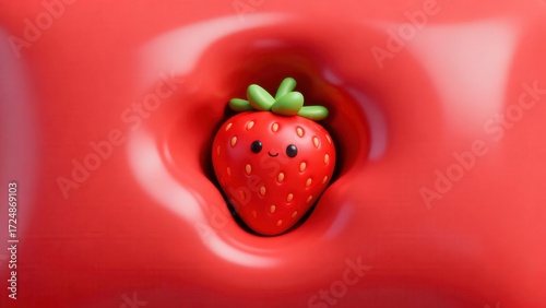 A cute, cartoon - style strawberry with a smiling face sits in a depression on a smooth, bright red surface, featuring 3D rendering and vibrant colors.