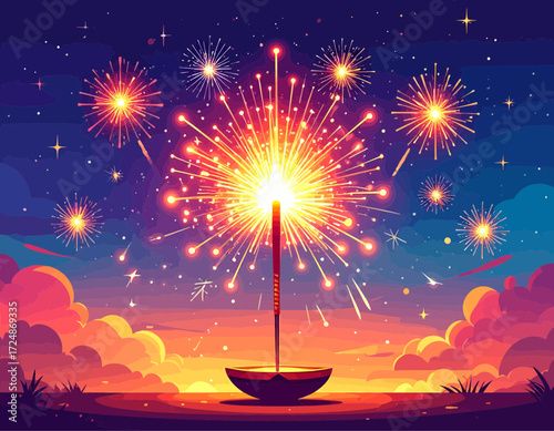 Bright fireworks explode across the night sky above a diya candle celebrating Diwali festival lights.
