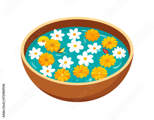 Wooden bowl holds floating white and orange flowers in blue water for Diwali decoration display.