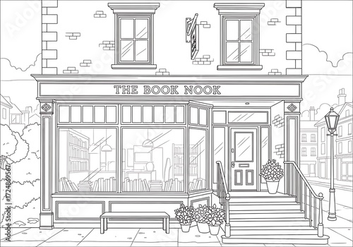 Detailed Line Art Illustration of a Charming Bookstore Facade