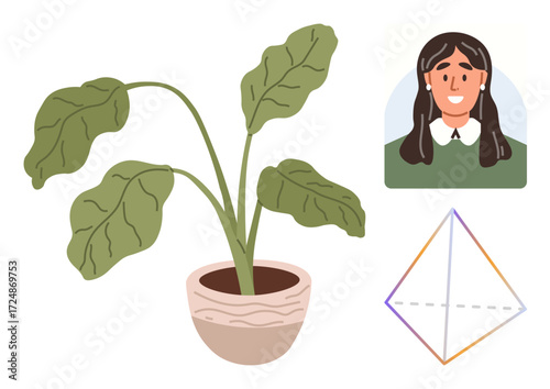 Potted leafy plant in ceramic pot, smiling woman portrait with long hair, and triangular geometric pyramid. Ideal for education, ecology, design, personal growth, geometry, creativity and balance