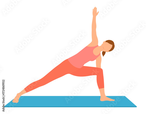 Woman performs the Extended Side Angle yoga pose stretching her body on a blue exercise mat calmly.