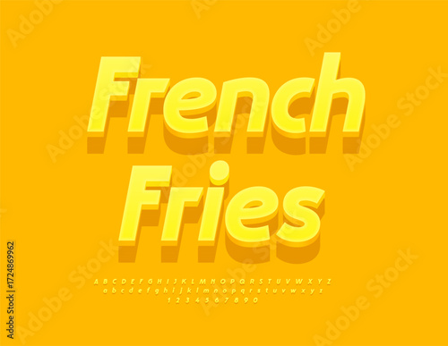 Vector Promo logo French Fries. Creative Yellow 3D Font. Modern Alphabet Letters and Numbers set.