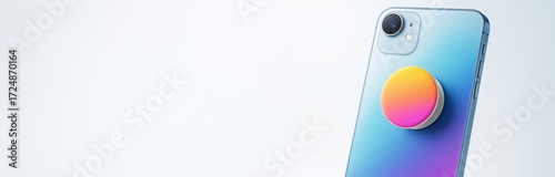 Smartphone with colorful grip accessory on gradient blue back, displayed on clean empty background with copyspace for advertising or design use. Ai generative