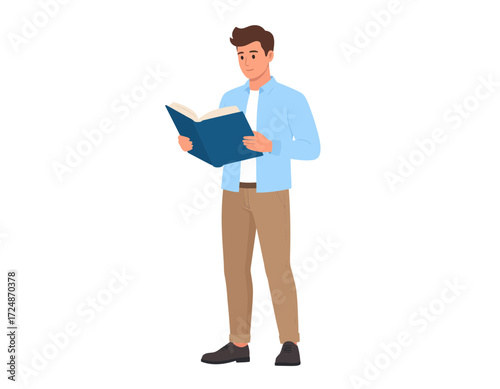 Smiling young man stands attentively reading a blue hardcover book representing education and leisure.