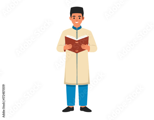 Smiling Muslim man reads a holy book wearing a kufi cap and traditional clothes during Ramadan.