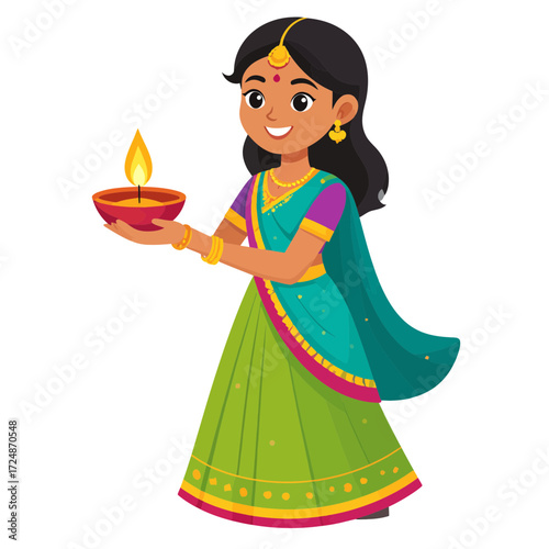 Smiling Indian girl holds a lit clay diya lamp celebrating Hindu Diwali festival of lights.