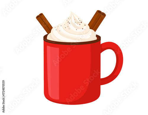 Red mug holds hot chocolate topped with whipped cream and cinnamon sticks cozy drink