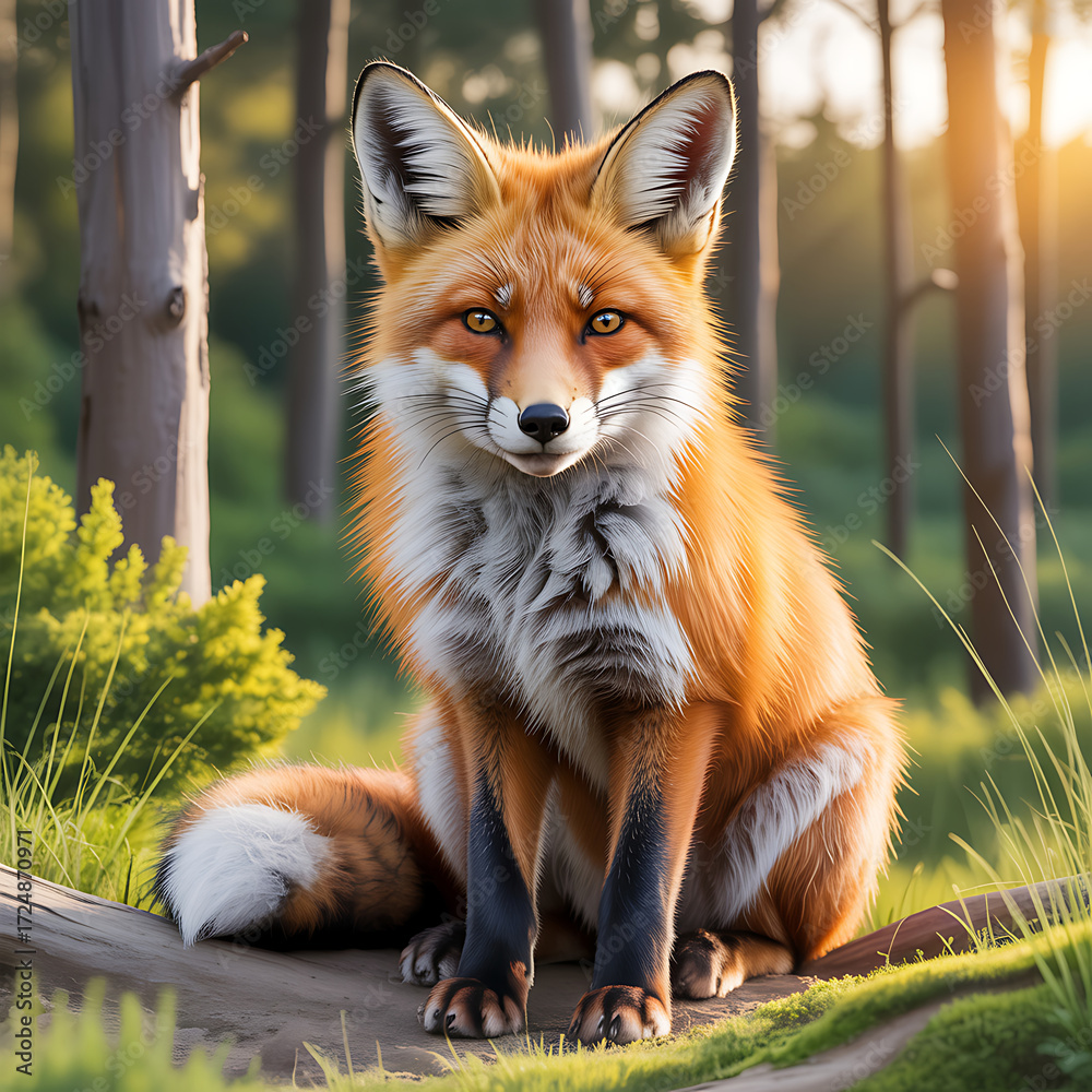 Fototapeta premium Red fox sitting in a sunlit forest looking directly ahead