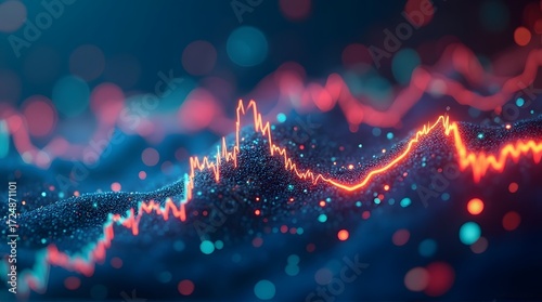 Volatile red and orange stock market chart with glowing particles on a dark blue background.