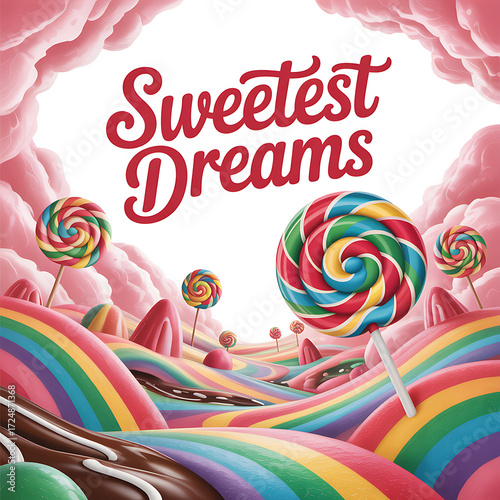 Whimsical candy land with swirling lollipops and rainbow hills