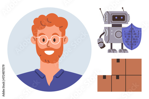 Smiling man in glasses alongside a robot holding a shield with binary code, and three stacked boxes. Ideal for technology, logistics, protection, cybersecurity, automation, teamwork, innovation