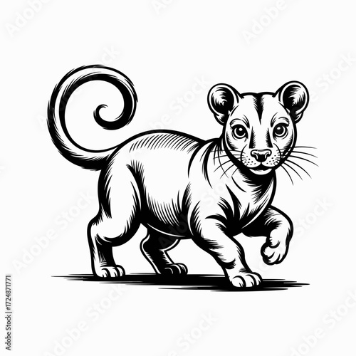 Black and White Vector Drawing of Fossa | Stylized Fossa Illustration with Shading | Madagascar Carnivorous Mammal Fossa Artwork