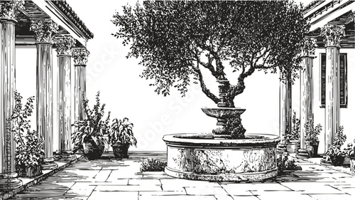 Roman courtyard with fountain and olive tree. Vintage pen draw architecture, perfect for decor, culture, tourism projects.